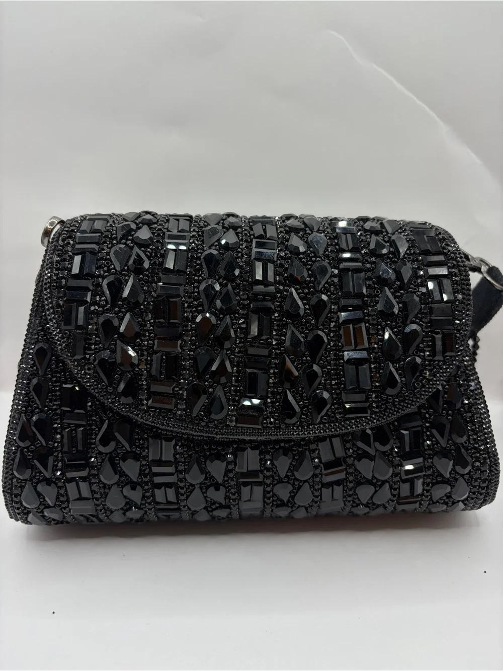 Premium Black Handmade Beaded Evening Clutch With Hanging Beads
